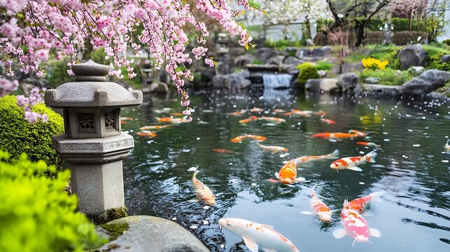 A beautiful Japanese garden with tranquil ponds, koi fish, and stone lanterns surrounded by cherry blossoms in full bloom - Powered by Adobe