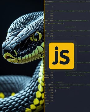 Python vs JavaScript coding comparison featuring a sleek python snake with green binary code and the iconic JavaScript logo, showcasing the intersection of programming languages and technology innovat