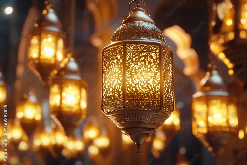 Poster series of gold lanterns hanging from the ceiling, each with a small light inside. the lanterns are a