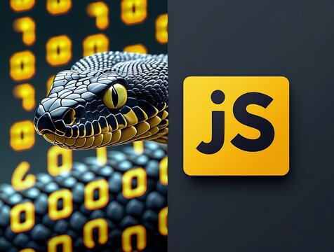 Python vs JavaScript coding comparison featuring a sleek python snake with green binary code and the iconic JavaScript logo, showcasing the intersection of programming languages and technology innovat