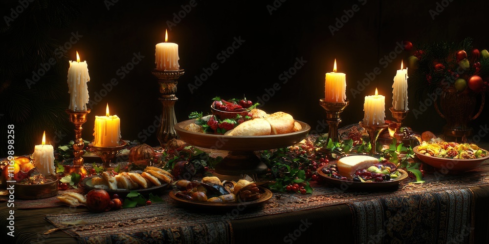 Poster table is set with a variety of food and candles, creating a warm and inviting atmosphere. the candle