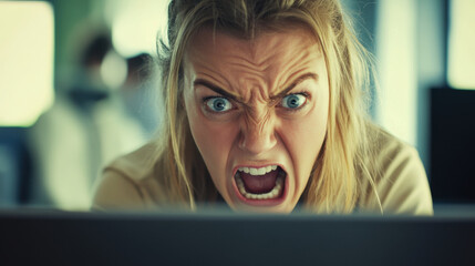 Frustrated businesswoman yelling at computer screen in office setting. Her intense expression conveys stress and anger due to technical issues