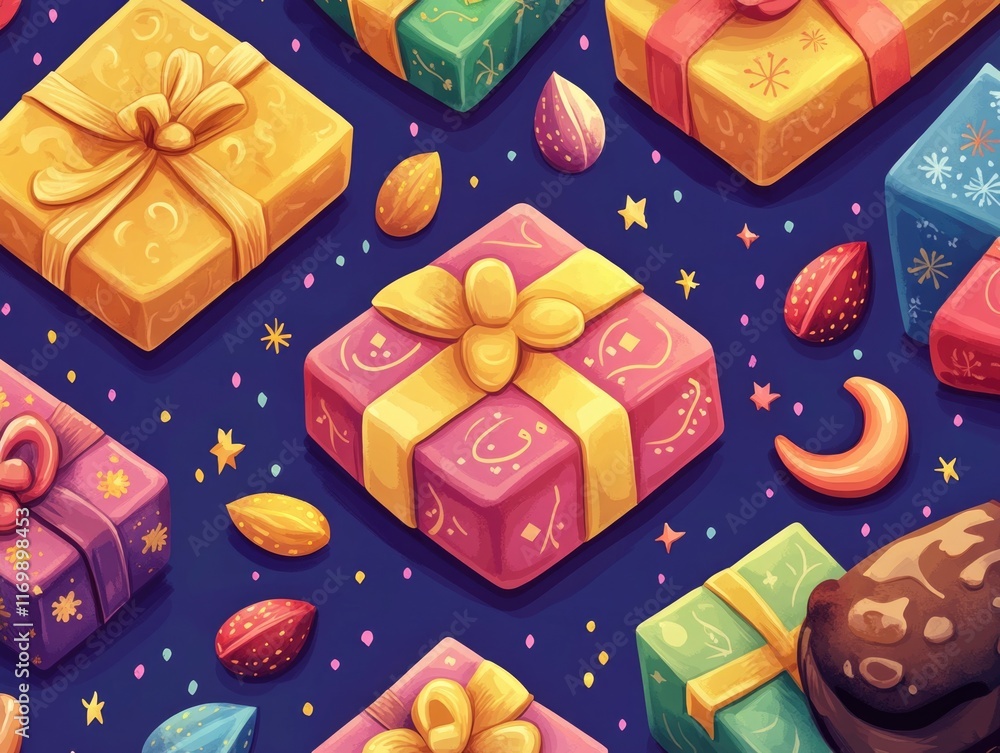 Aufkleber colorful array of boxes with a yellow box in the middle. the boxes are decorated with stars and othe