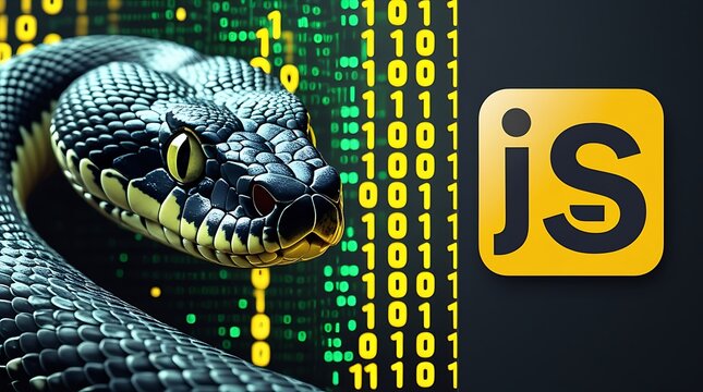 Python vs JavaScript coding comparison featuring a sleek python snake with green binary code and the iconic JavaScript logo, showcasing the intersection of programming languages and technology innovat