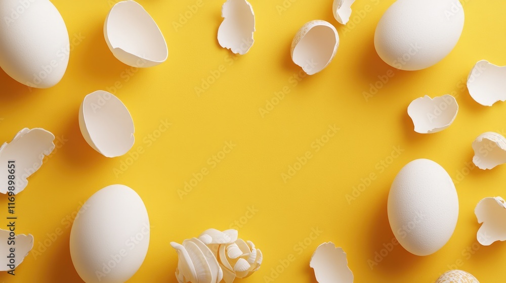 Poster yellow background with a bunch of eggshells scattered around it. the eggshells are broken and scatte