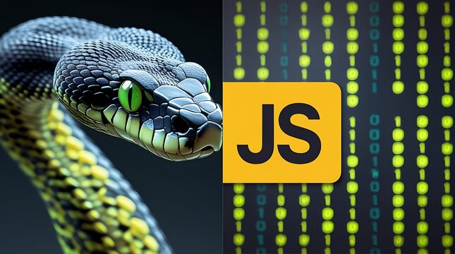 Python vs JavaScript coding comparison featuring a sleek python snake with green binary code and the iconic JavaScript logo, showcasing the intersection of programming languages and technology innovat