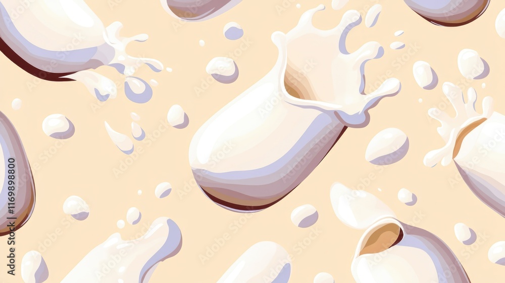 Poster pattern of milk splatters on a yellow background. the splatters are of different sizes and shapes, c