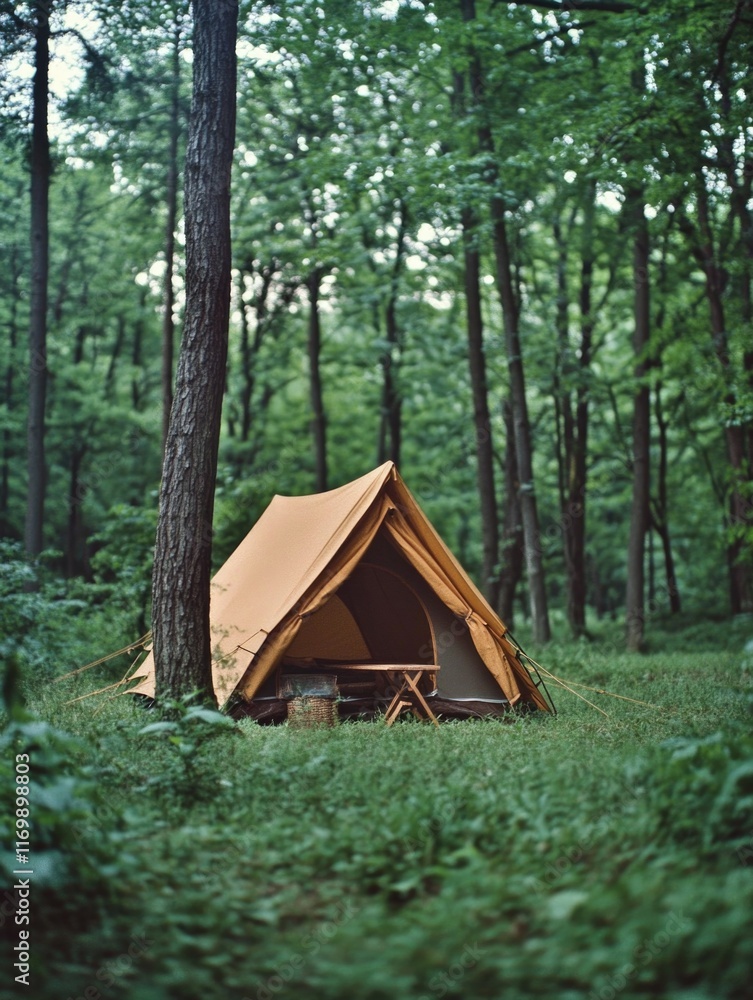 Poster small tent is set up in a forest. the tent is yellow and has a triangular shape. the tent is surroun