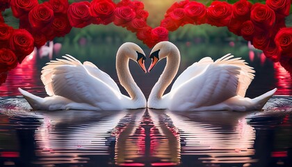 Naklejka premium A Romantic Pair of Swans Forming a Heart in a Serene Lake