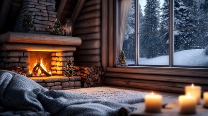 Cozy winter cabin with fireplace and snowy view
