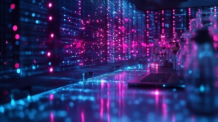 Neon Lit Laboratory With Glassware And Data Wall