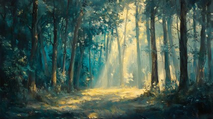 A dense forest with towering trees and sunlight streaming through the branches, casting dappled light on the forest floor