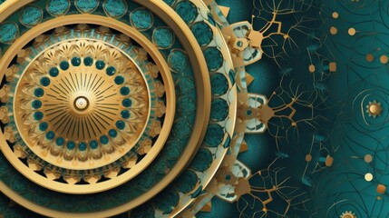 Intricate Gold and Teal Mandala Design: A Symphony of Geometric Patterns and Luxurious Textures