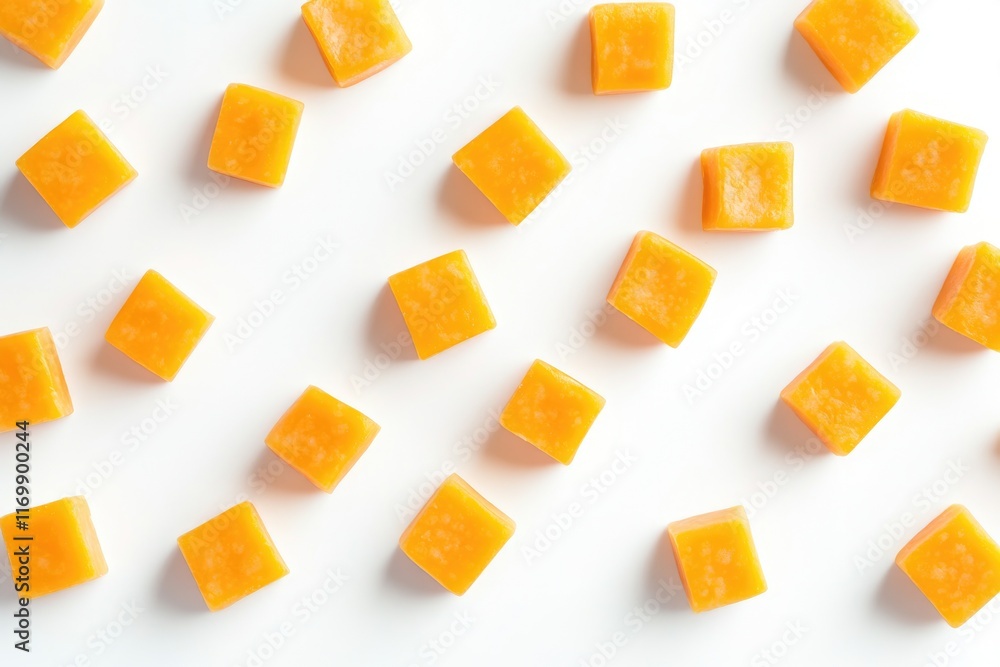 Poster close up of orange cubes of food. the cubes are arranged in a pattern, with some overlapping and oth