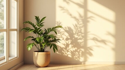 Fototapeta premium A sunlit, minimalist beige room with leaf shadows serves as a versatile backdrop for product presentations, ideal for showcasing cosmetic and beauty items in any season