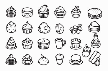 Collection of hand-drawn dessert icons, including cupcakes, cakes, cookies, and pastries.