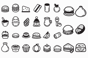 Collection of hand-drawn food and drink icons in black and white. (1)