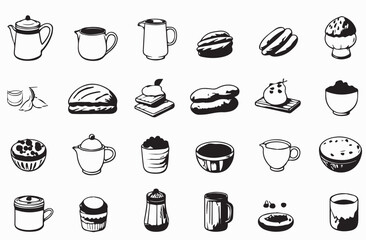 Collection of food and drink icons in black and white.