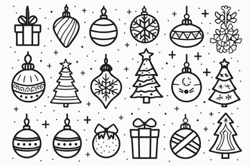 Collection of hand-drawn Christmas ornaments, gift boxes, and Christmas trees.