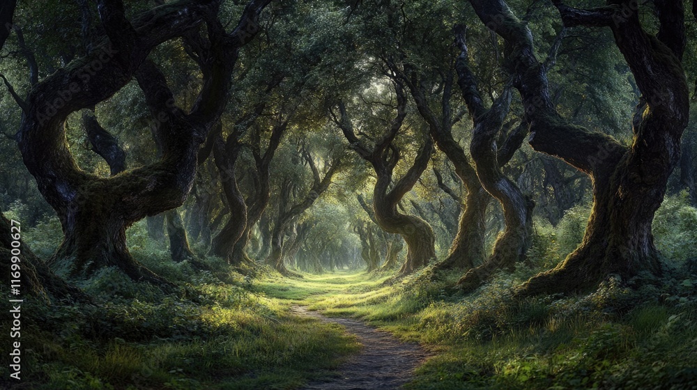 Poster forest with a path through it. the trees are tall and dark, and the path is surrounded by grass. sce