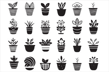Collection of potted plants with various shapes and leaves, illustrated in black silhouettes on a white background.