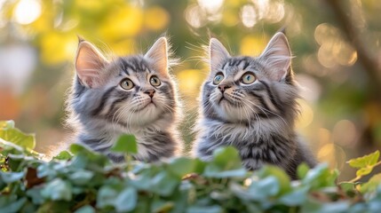 Obraz premium Two adorable gray kittens gazing upwards in a sunlit garden setting.