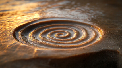 A single spiral drawn in soft golden sand with blurred edges symbolizing the journey of life growth and chaos blending into harmony representing continuity and infinite cycles of transformation

