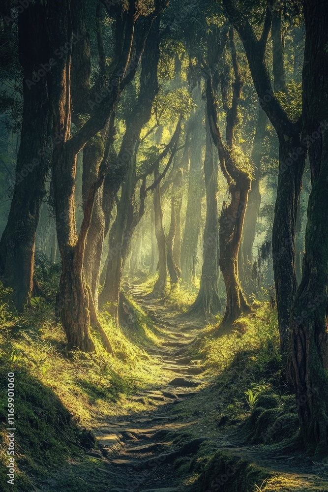 Poster forest path is shown in the sunlight, with trees lining both sides. the path is narrow and winding, 