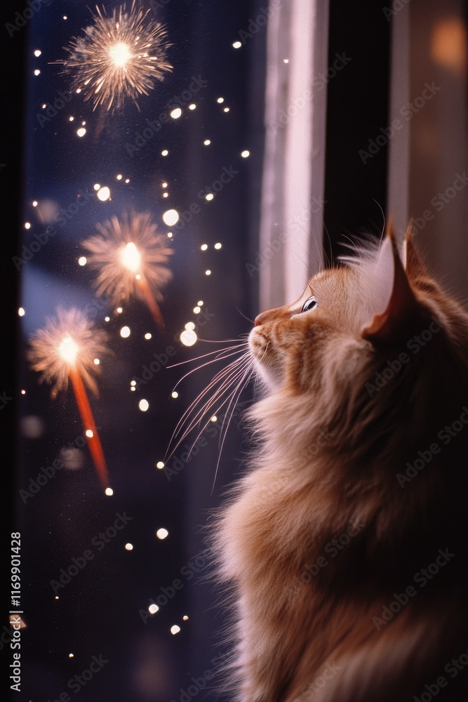 Poster cat is looking out the window at the fireworks. the cat is looking at the fireworks with curiosity a