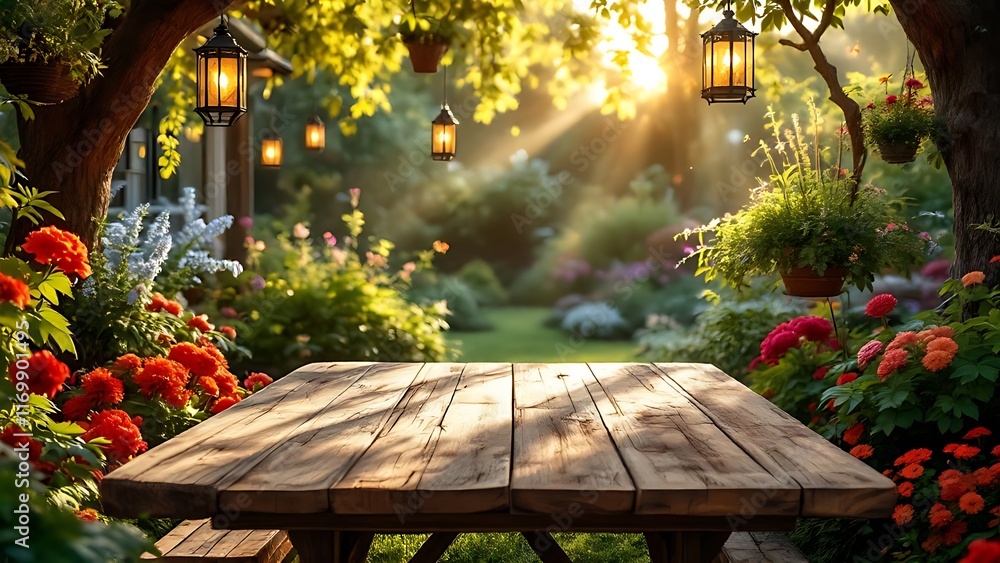Poster a rustic countryside bar background featuring a wooden table board in foreground, perfect for creati