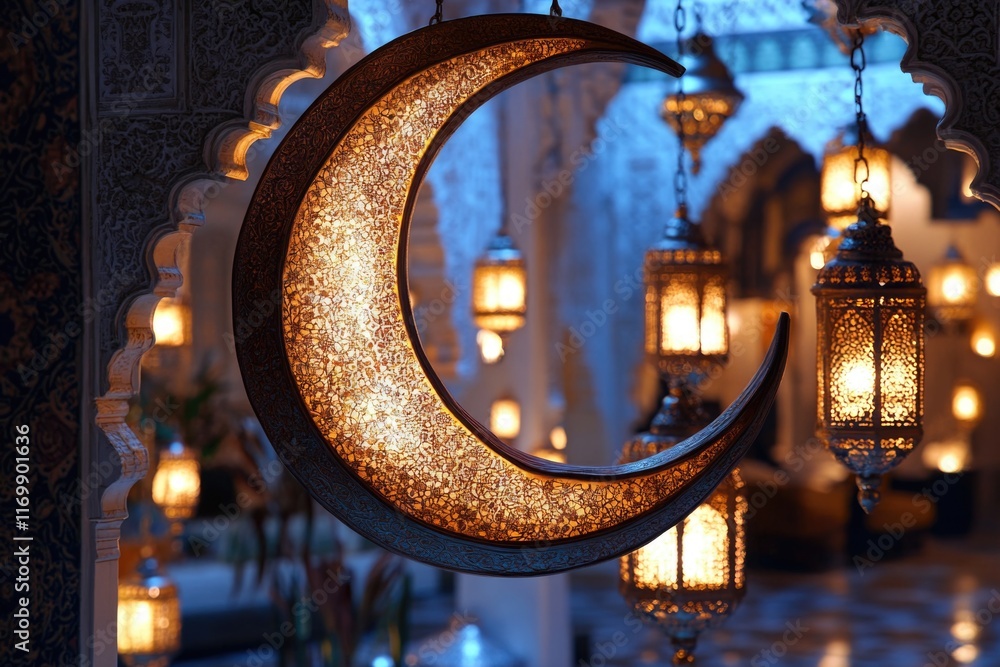Poster lit up crescent moon hangs from the ceiling in a room with many other lights. scene is warm and invi