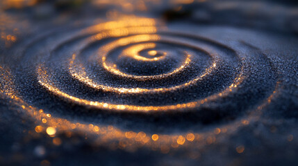 A single spiral drawn in soft golden sand with blurred edges symbolizing the journey of life growth and chaos blending into harmony representing continuity and infinite cycles of transformation

