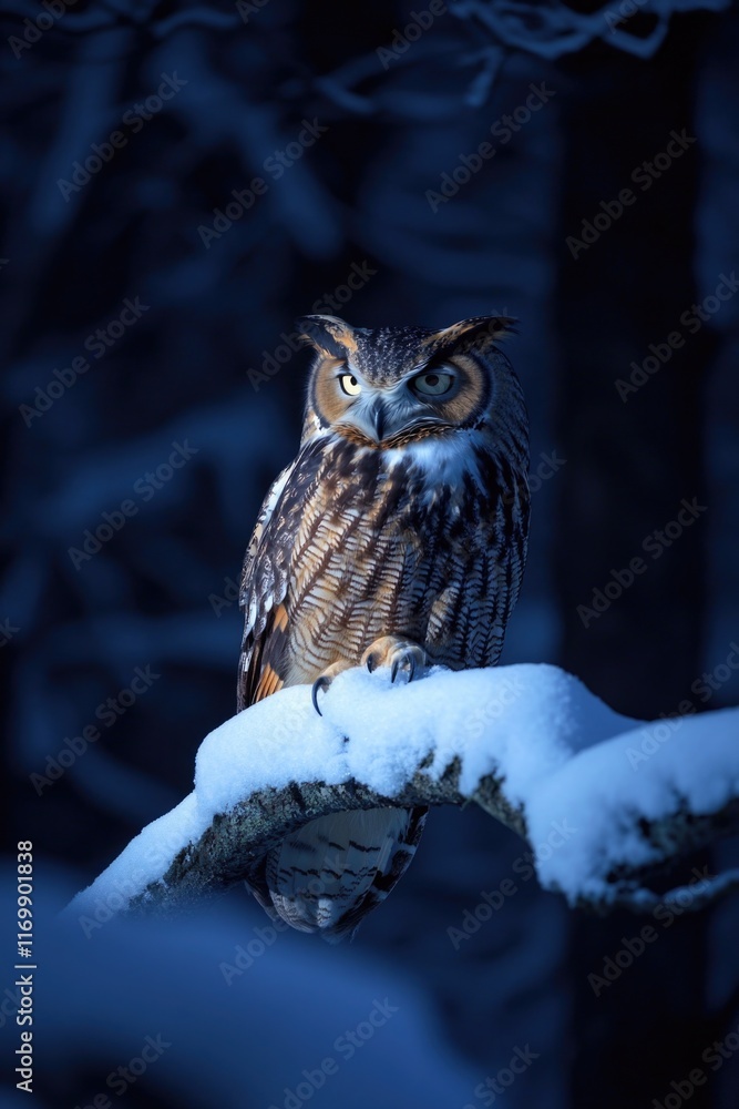Poster large owl is perched on a branch in the snow. the owl is staring at the camera, creating a sense of 