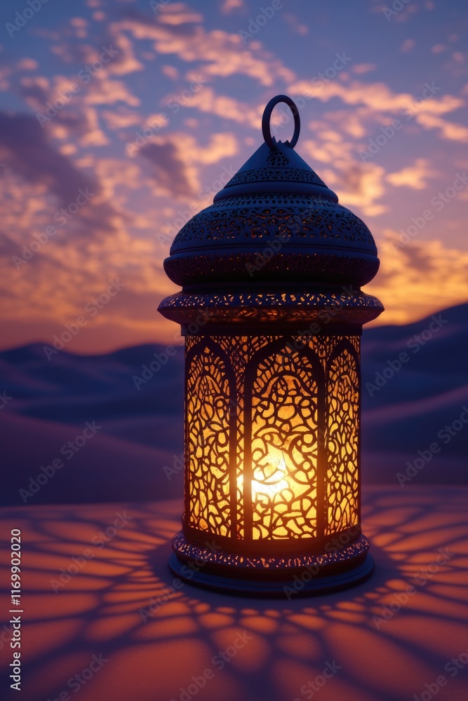 Poster lantern with a candle inside is lit up in a desert setting. the lantern is lit up in the evening, cr