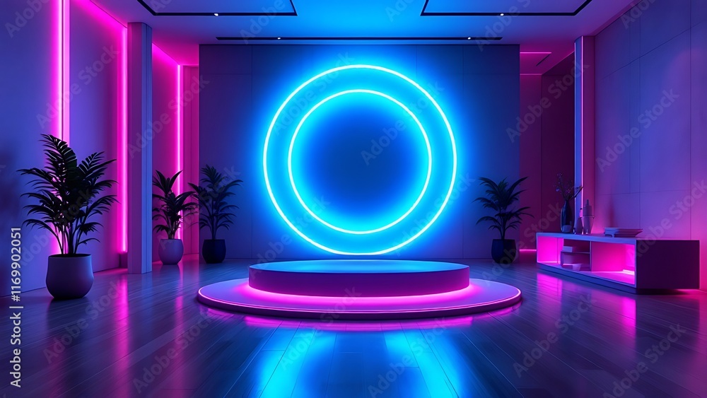 Poster a futuristic 3d podium with a glowing circular design serves as a high-tech stage for a product disp