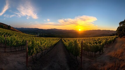 Obraz premium A panoramic view of a sprawling vineyard with rows of grapevines stretching out under a golden sunset sky