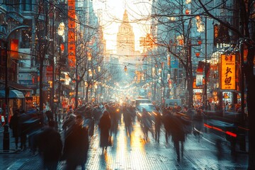 Naklejka premium Sunset cityscape: Crowds stroll down a vibrant city street, lined with shops and buildings, under a dramatic sunset sky.
