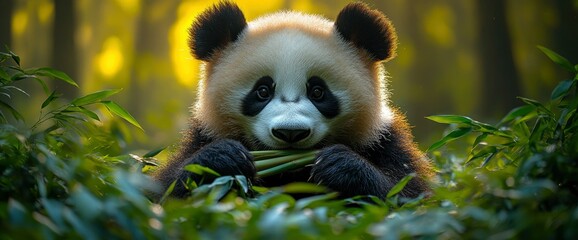 Fototapeta premium Adorable Giant Panda Cub Enjoying Bamboo in Lush Forest Habitat