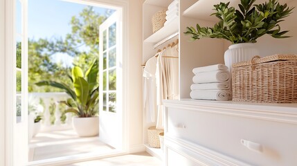 Bright, airy walk-in closet with white furniture, natural light, and balcony view.