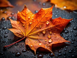 Fototapeta premium Close-up of an orange maple leaf, drenched in autumn rain, against a dark, moody background.