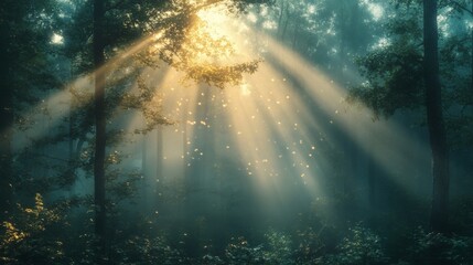 Sunbeam rays shining through a dense forest creating a mystical atmosphere