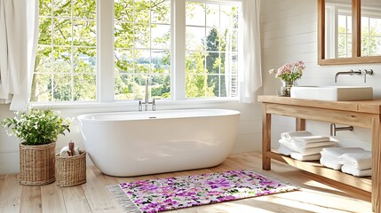 Bright bathroom with freestanding bathtub, wooden vanity, and floral rug, overlooking a lush green landscape through large windows.