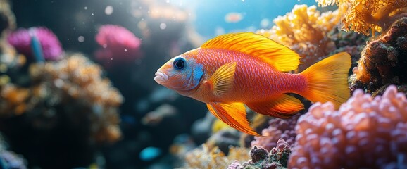 Fototapeta premium Vibrant Orange Lyretail Anthias Fish in Coral Reef