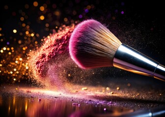 Fototapeta premium Close-up of a shimmering makeup brush, highlighting its beauty and the cosmetic powder.