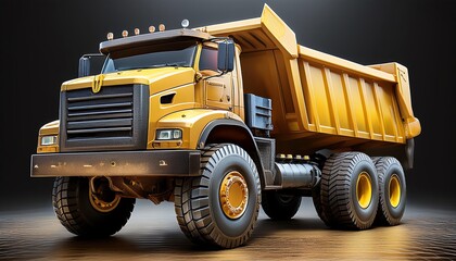 A bright yellow dump truck on display, showcasing its large wheels and cargo bed, set against a dark background emphasizing its rugged design.