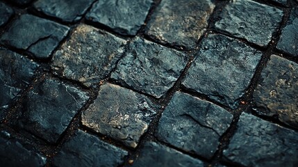 Fototapeta premium Dark, wet cobblestone street texture. Perfect for backgrounds or design projects.