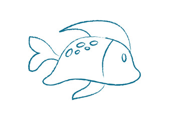 Cartoon fish silhouette. Underwater creature swims gracefully in the ocean. This doodle graphic showcases a playful aquatic icon, perfect for summer designs, Chalk and crayon style