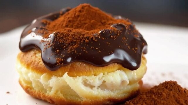 Chocolate cinnamon cronut with dark chocolate, cinnamon powder, and warm lighting, showcasing a velvety texture and glossy finish