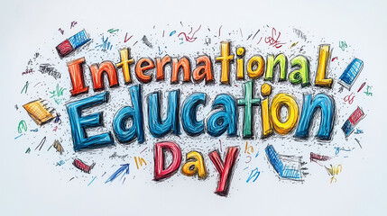 Colorful "International Education Day" Typography with School Supplies