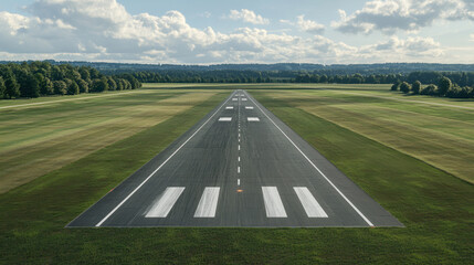 Fototapeta premium Aerial view of runway surrounded by green fields and trees, showcasing clear sky and well maintained landing strip. scene evokes sense of tranquility and openness